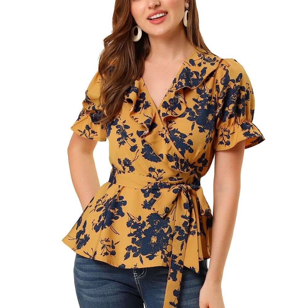 Allegra K Mustard Yellow Wrap Blouse with Navy Floral Print